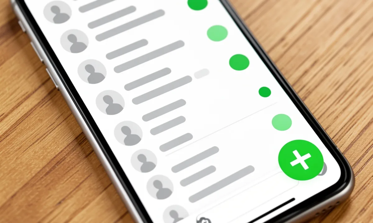 示意图:手机上的聊天列表,一行行灰色条和圆形头像,右下角是新建聊天的绿色按钮